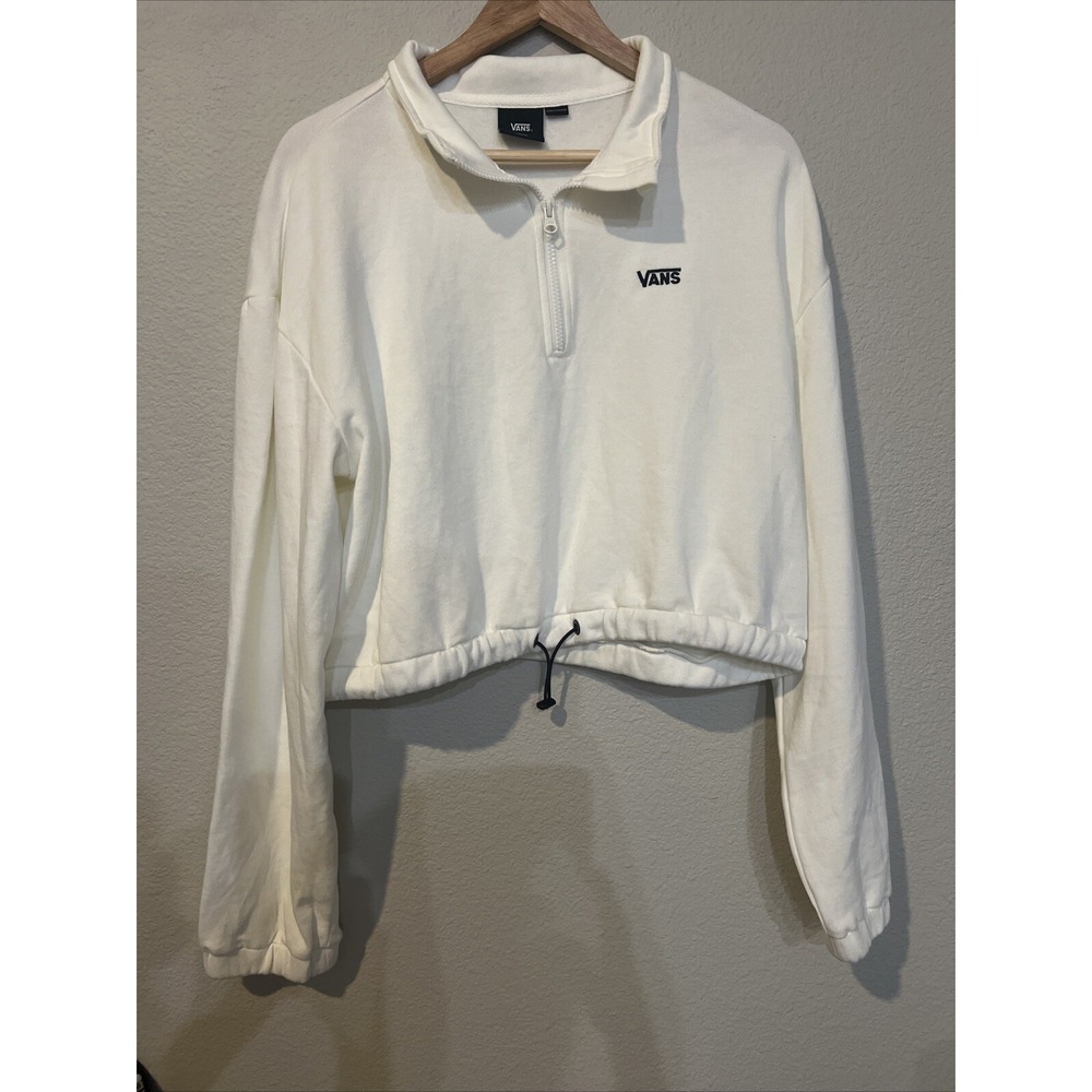 VANS Women's Crop Hoodie Size LARGE WHITE 1/4 zip/draw Cord  Off The Wall